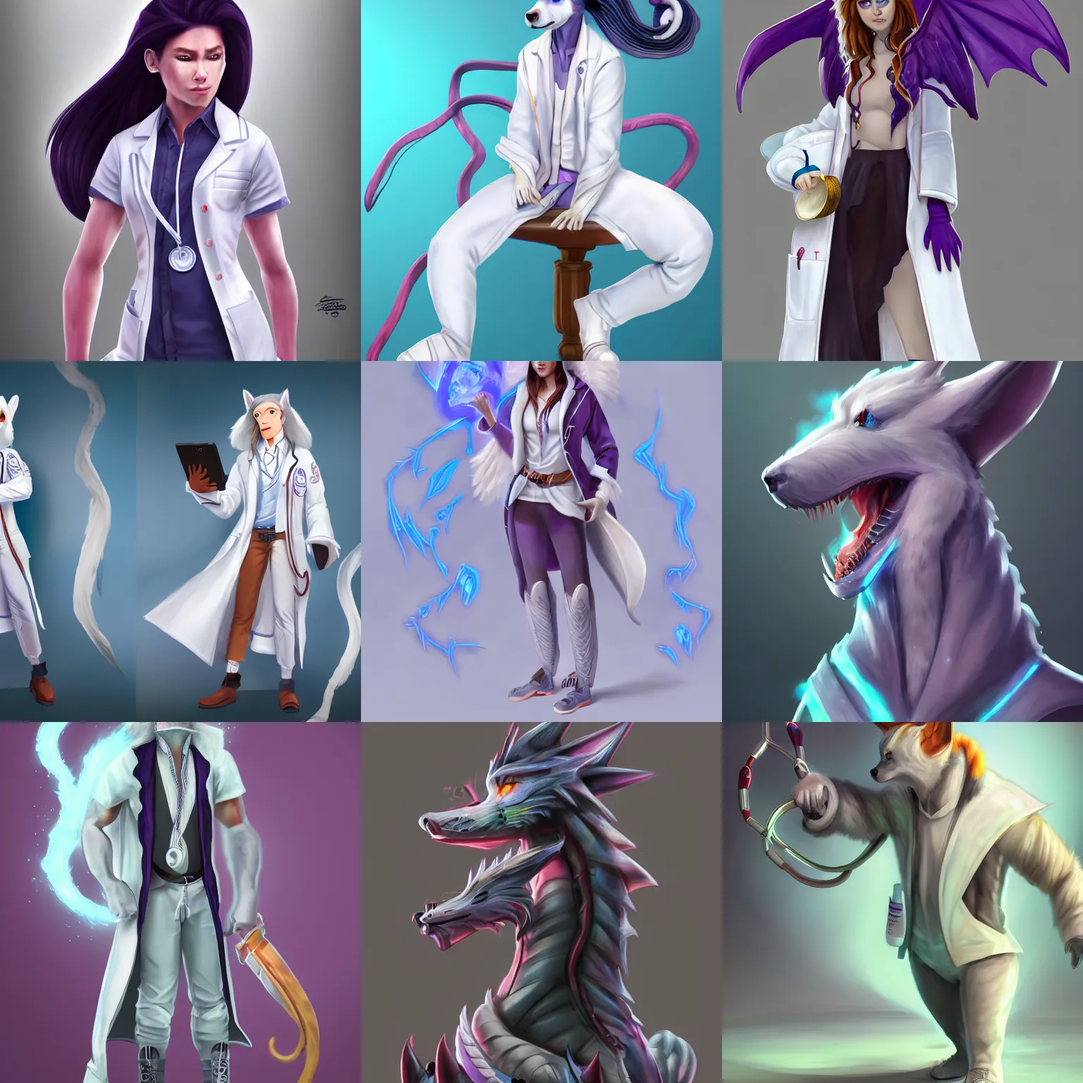 Prompt: husky - dragon - human - fusion, wearing a white doctor coat and stethoscope, digital art, concept art, trending on artstation, bright colors, highly detailed, 8 k hd