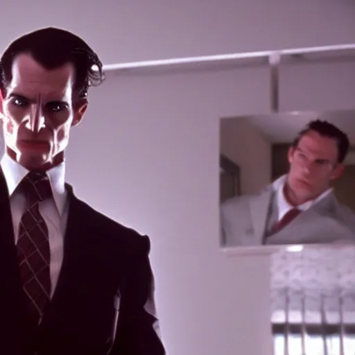 Prompt: a still of a Draconian in the American Psycho (2000), doing the Bateman stare, cinematic still, 4K Bluray