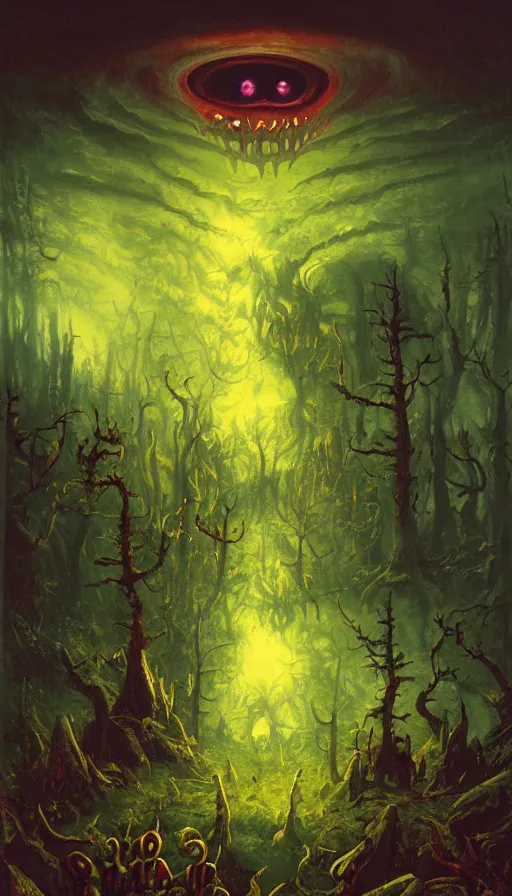 Image similar to a storm vortex made of many demonic eyes and teeth over a forest, by paul lehr,