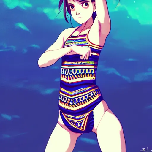 Image similar to a beautiful boyish emma watson alluring instagram model, wearing japanese hiphop aztec leotard outfit with mayan pattern and native style, aztec street fashion bathing suit, botw style, gapmoe yandere grimdark, trending on pixiv fanbox, painted by greg rutkowski makoto shinkai takashi takeuchi studio ghibli, akihiko yoshida