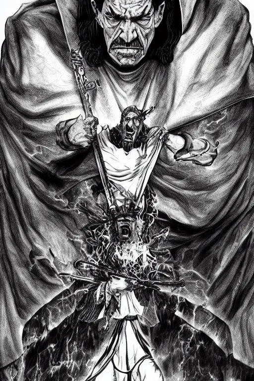 Image similar to Danny Trejo as church nun, dark fantasy, highly detailed, artstation, manga illustration by Kentaro Miura berserk