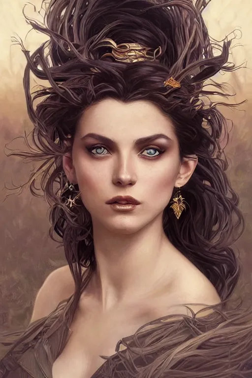 Image similar to a seductive beautiful witch, with a perfect face!!! wind blowing hair and floating, bust portrait, tribal mask and jewelry, dnd, face, fantasy, intricate, elegant, highly detailed, digital painting, artstation, concept art, smooth, sharp focus, illustration, art by artgerm and greg rutkowski and alphonse mucha