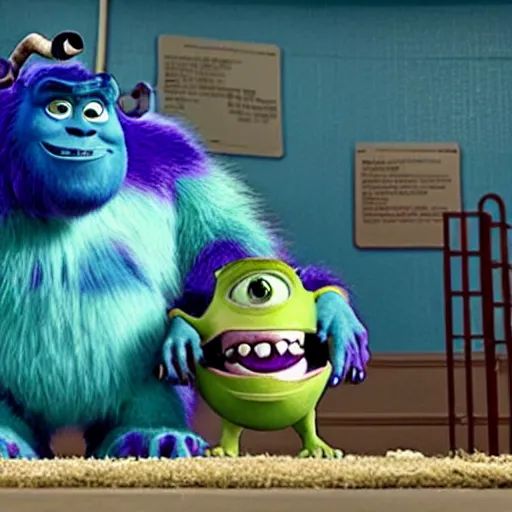 Image similar to movie still of monsters inc characters in a maximum security prison