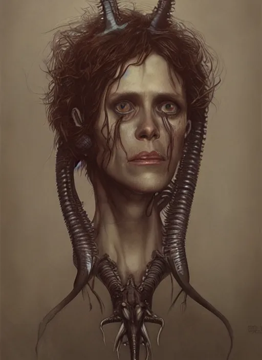 Image similar to a hyper detailed face portrait of ellen ripley becoming a xenomorph, by tom bagshaw, by zdzisław beksinski, trending on artstation