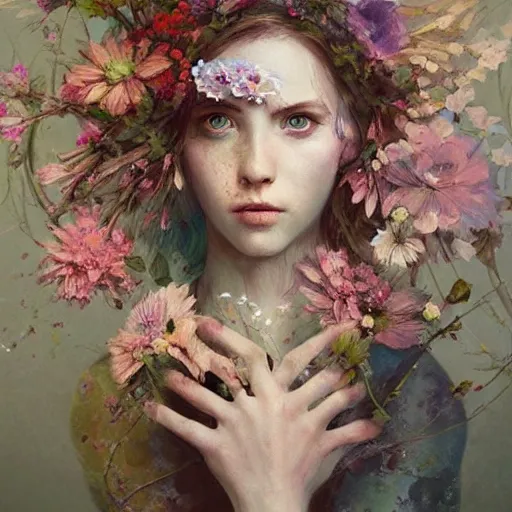 Prompt: painting of a pale girl dressed with flowers, illustration, artistic, colorful, hyper detailed, in the style of Greg Rutkowski,