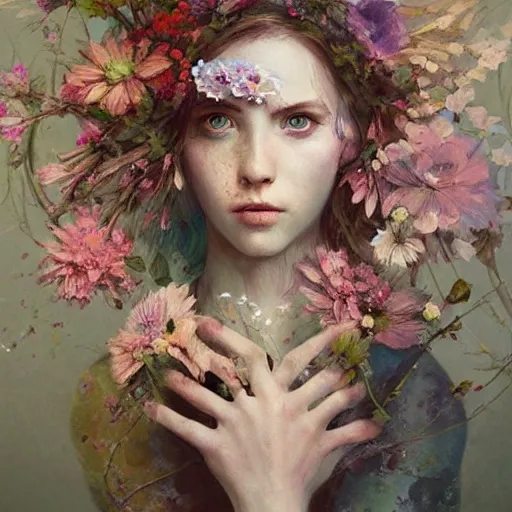 painting of a pale girl dressed with flowers, | Stable Diffusion | OpenArt