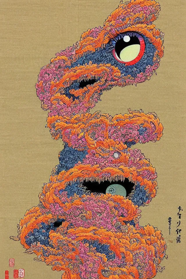 Prompt: an ukiyo - e painting of an intricate cute colorful fluffy dmt desert monster made out of burlap and coconut fiber, googly eyes, in colorful marker pen, by kokaris, naoto hattori, moebius and android jones