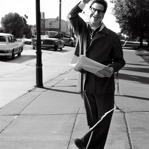 Image similar to a picture of kevin mitnick dressed as a paper boy from the 6 0 s, canon, black and white, high resolution