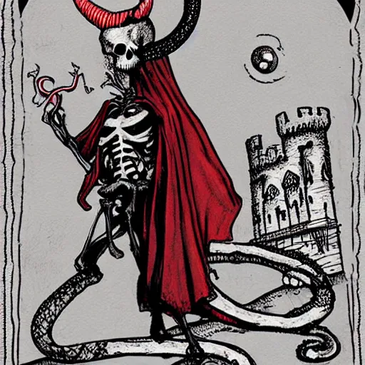 Image similar to A beautiful computer art of a horned, red-eyed, skeleton-like creature, with a long black cape, and a staff with a snake wrapped around it, standing in front of a castle atop a cliff. deep indigo, burnt sienna by Todd McFarlane ordered