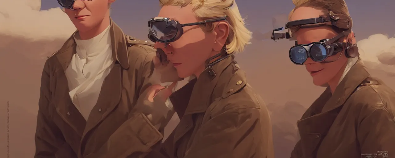 Prompt: stoic heroic emotionless butch blonde woman aviator with short slicked - back hair, wearing dark - lensed victorian goggles, wearing brown leather jacket, moebius, rough paper, behance hd by jesper ejsing, by rhads, makoto shinkai and lois van baarle, ilya kuvshinov, rossdraws global illumination.