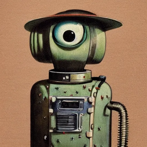 Image similar to medium shot 1 9 5 0 s retro cactus robot, bionic arms and eyes. muted colours. by jean - baptiste monge