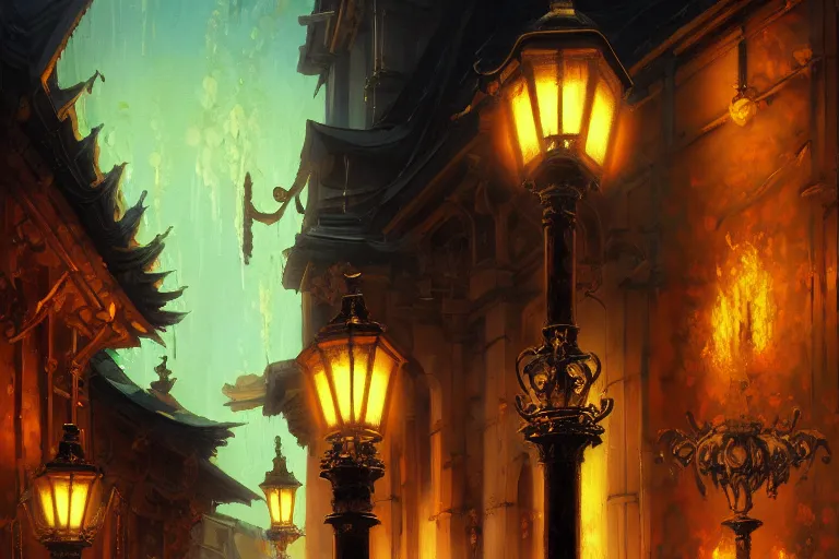 Image similar to baroque oil painting of anime key visual concept art of an ornate detailed oil lamppost at night, rusty black metal, flickering flame, reflective mapping, trending on artstation, palette knife and brush strokes, oil on canvas, style of makoto shinkai greg rutkowski studio ghibli genshin impact