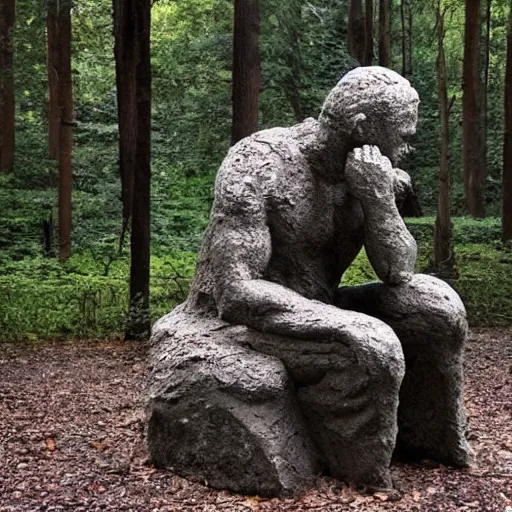 Prompt: the thinker sculpture disintegrating into dust, in a forest at dusk