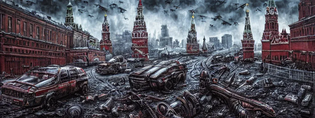 Prompt: alien predator attacks moscow red square. extreme long shot. post-apocalyptic art. high detail