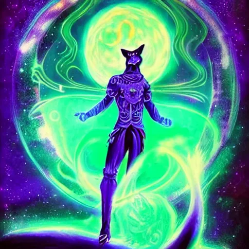 Prompt: a stylized blacklight painting of an avatar of an awesome cosmic powerful luxurious foxfolk mage themed around death and nebulas, in the style of dnd beyond avatar portraits, beautiful, artistic, elegant, lens flare, magical, lens flare, nature, realism, stylized, art by jeff easley