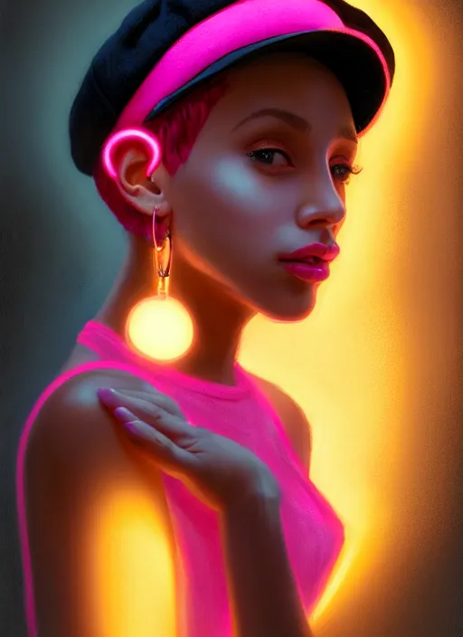 Image similar to portrait of young vanessa morgan with bright pink hair, black girl, vanessa morgan, curly pixie cut hair, wearing newsboy cap, newsboy cap, hoop earrings, intricate, elegant, glowing lights, highly detailed, digital painting, artstation, concept art, smooth, sharp focus, illustration, art by wlop, mars ravelo and greg rutkowski