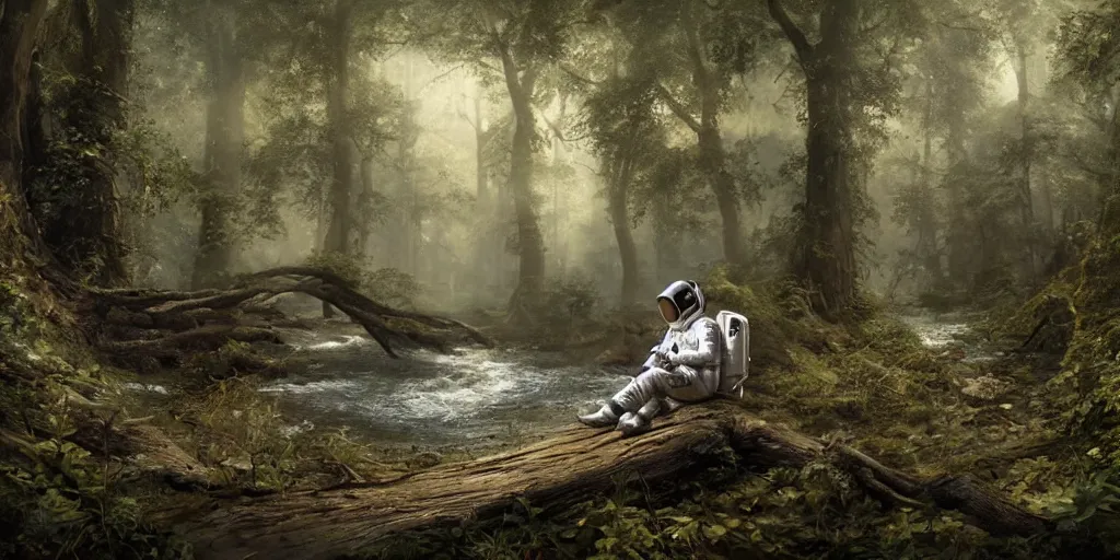 Image similar to an astronaut sitting on a fallen tree by a river in a forest, a detailed matte painting by frieke janssens, featured on cgsociety, fantasy art, matte painting, reimagined by industrial light and magic, matte drawing