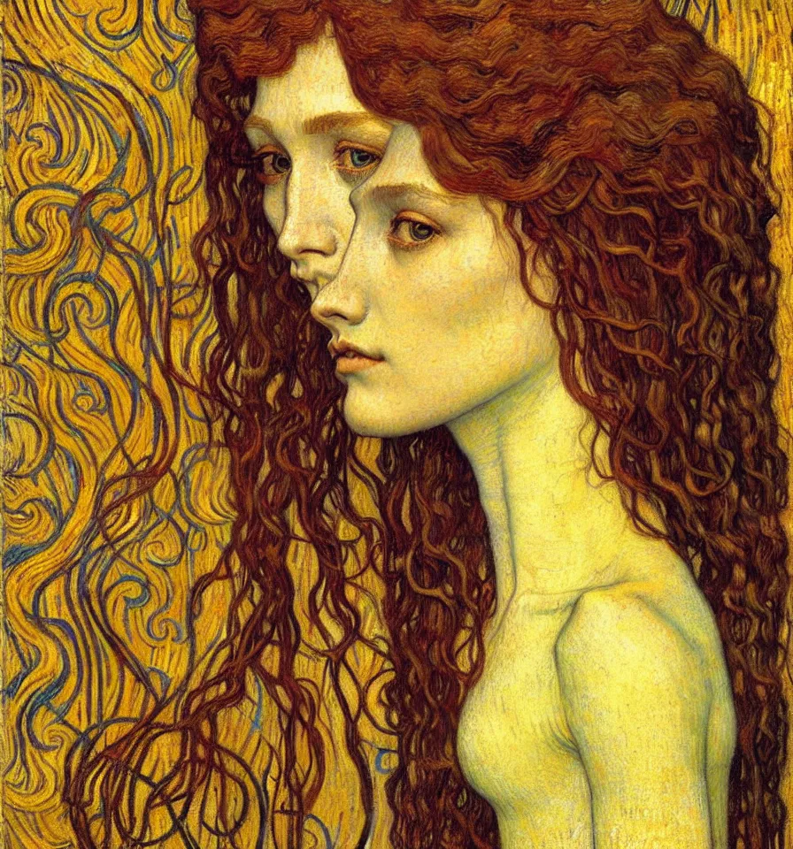 Image similar to detailed realistic beautiful young medieval queen face portrait by jean delville, gustav klimt and vincent van gogh, art nouveau, symbolist, visionary, gothic, pre - raphaelite, muted earthy colors, desaturated