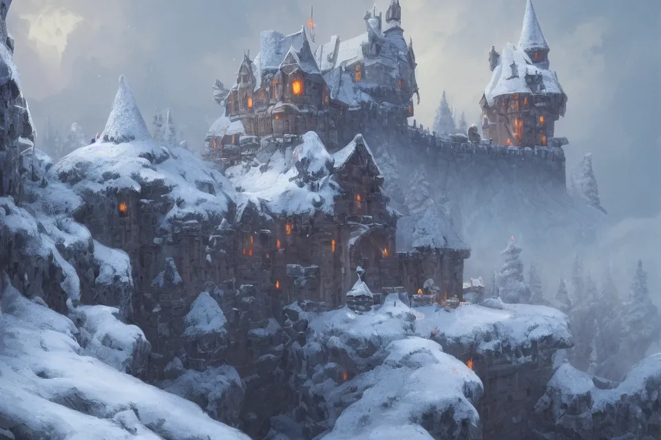 Image similar to a painting of a castle in the middle of a snowy mountain, a detailed matte painting by andreas rocha and greg rutkowski, featured on artstation, fantasy art, matte drawing, matte painting, artstation hq