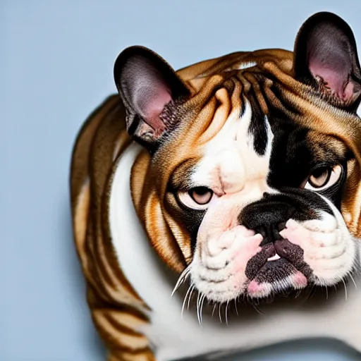 Image similar to a feline bulldog - cat - hybrid, animal photography