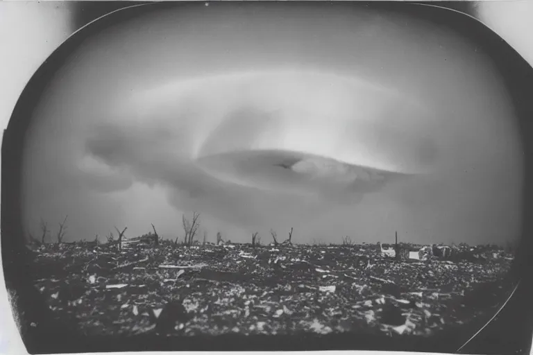 Image similar to dark old polaroid of an ufo flying above an destroyed city during a thunderstorm, pictorialism, fallout, desolate, wide angle, award winning