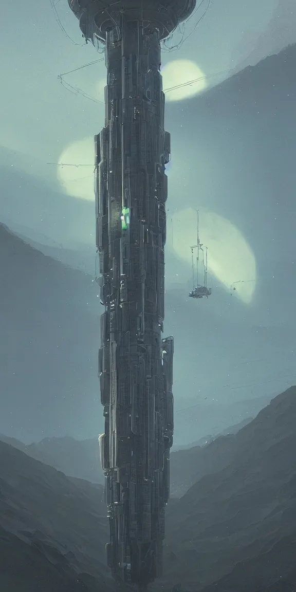 Prompt: mysterious thin tall space elevator, carbon fiber, landscape, sci - fi concept art, by john harris, by simon stalenhag, stunning, award winning