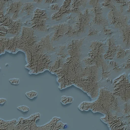 Image similar to highly detailed map of a peninsula with a lot of mountains, 8 k, being lighting, hyperrealistic, grey mountains