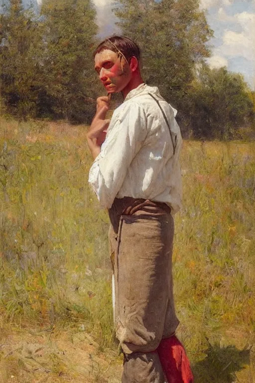 Image similar to Solomon Joseph Solomon and Richard Schmid and Jeremy Lipking victorian genre painting full length portrait painting of a young peasant working in the field, red background