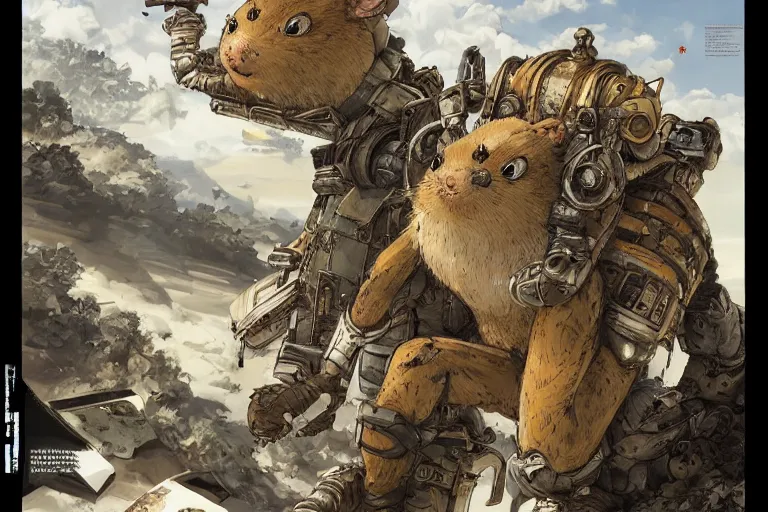 Image similar to anthropomorphic rodent with white and black ancestral ornate japanese tactical gear on an abandonment desert planet, high intricate details, long shot, rule of thirds, golden ratio, graphic novel by fiona staples and dustin nguyen, by beaststars and orange, peter elson, alan bean, studio ghibli, makoto shinkai