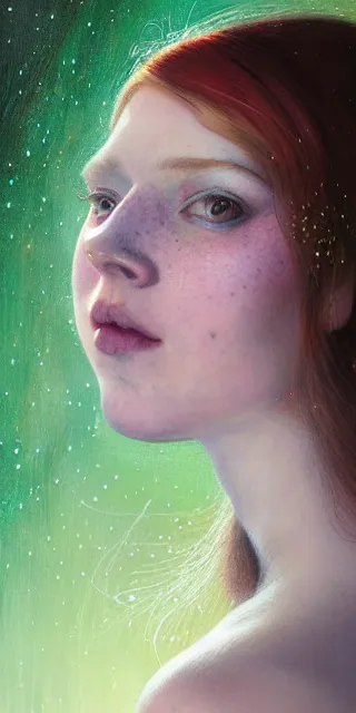 Image similar to young woman, smiling amazed, among firefly lights, full covering intricate detailed dress, amidst nature, long red hair, precise linework, accurate green eyes, small nose with freckles, beautiful oval shape face, empathic, expressive emotions, dramatic lights, hyper realistic ultrafine art by artemisia gentileschi, jessica rossier, boris vallejo