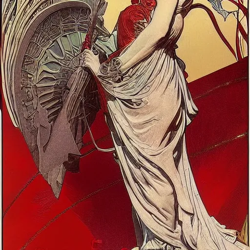 Prompt: Lady Liberty riding the red dragon of china, highly detailed, digital painting, smooth, sharp focus, illustration alphonse mucha