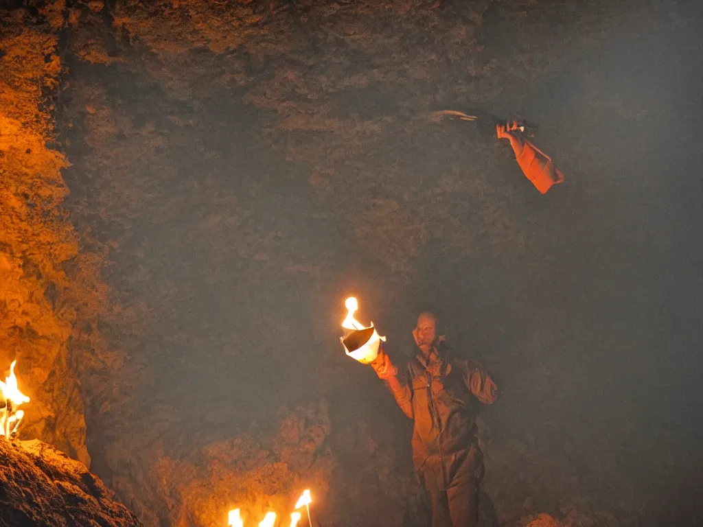 Prompt: one man bringing fire with torch into cave in darkness
