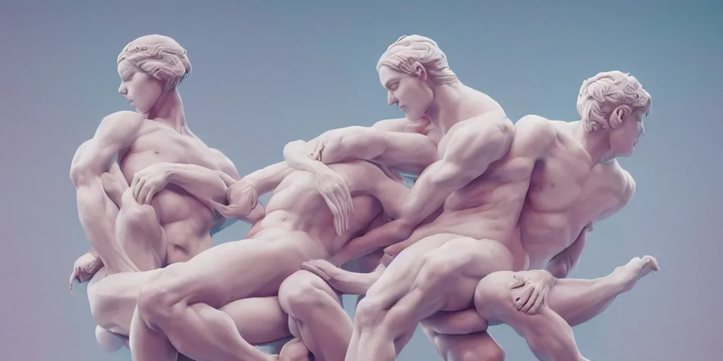 Prompt: a pile of soft greek sculpture of intertwined bodies painted by james jean in pastel colors. artwork by Tooth Wu and wlop and beeple, cinematic, hyper realism, octane render, 8k, depth of field, bokeh. iridescent accents. vibrant.