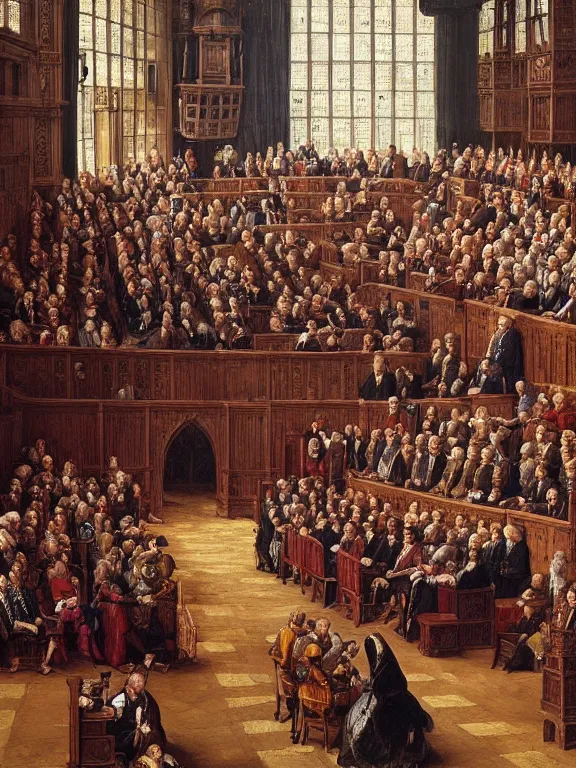 Prompt: “ a debate in house of lords by andrew carrick gow, 1 6 th century, medieval, tudor, oil on canvas, highly detailed, artstation hd ”