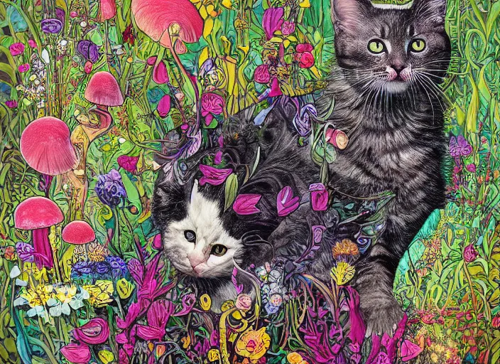 Prompt: a surreal painting of a kitty with a lot of wild flowers and plants on its head, surrounded by toxic mushrooms, poster art by android jones and h. r. giger, behance contest winner, generative art, made of flowers and berries, grotesque, concert poster