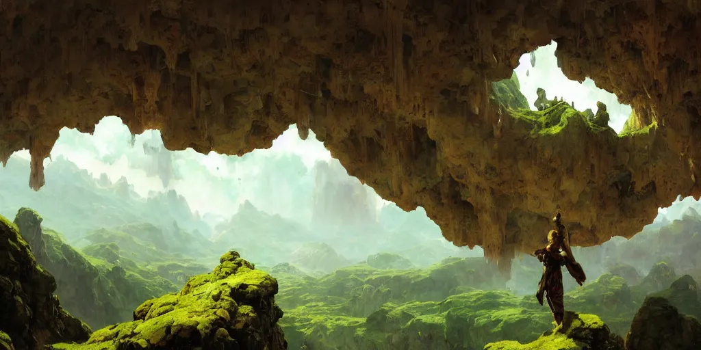 Prompt: huge cave ceiling clouds made of green earth towns, villages castles, buildings inverted upsidedown mountain artstation illustration sharp focus sunlit vista painted by ruan jia raymond swanland lawrence alma tadema zdzislaw beksinski norman rockwell tom lovell alex malveda greg staples