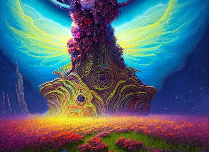 Image similar to a beautiful painting of a large alien shrine shrouded by mystic nebula magic in a field of flowers by moebius and android jones, oil on canvas sharp, details, hyper - detailed, hd, hdr, 4 k, 8 k