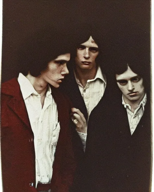 Prompt: an instant photo of two beautiful but sinister young men wearing oxford shirts in layers of fear, with haunted eyes and dark hair, 1 9 7 0 s, seventies, wallpaper, a lot of blood, moonlight showing injuries, delicate embellishments, painterly, offset printing technique, by brom, robert henri, walter popp