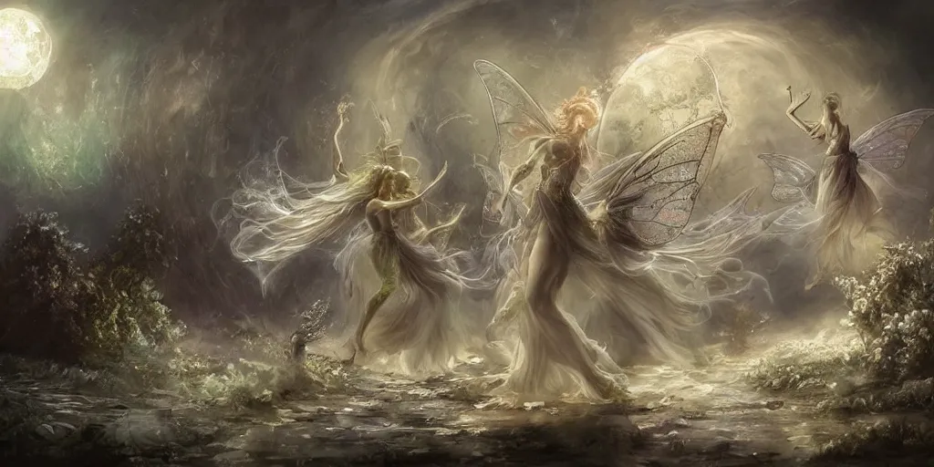 Image similar to concept art of translucent glowing fairies dancing, lovecraftian, renaissance, melting, round moon, rich clouds, fighting the horrors of the unknown, very detailed, volumetric light, mist, fine art, decaying, textured oil over canvas, epic fantasy art, very colorful, ornate intricate scales