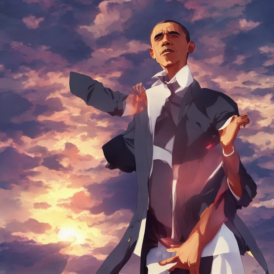 Prompt: barack obama as an anime protagonist, beautiful anime style, cinematic rim lighting, dramatic pose, beautiful sunset, professional, highly detailed, clear, sharp, smug expression, trending on artstation