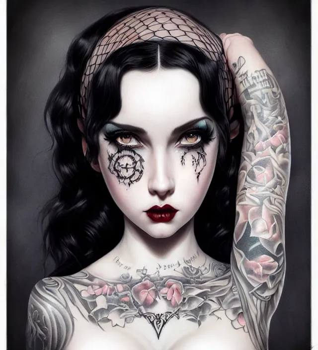 Image similar to two beautiful pale skin white eyed cosplay girls, black hair, fully tattooed body, fishnet corset with choker and whip on hand, symmetrical, beautiful detailed face, masterpiece, artstation contest winner, trending artgerm, paint by tom bagshaw