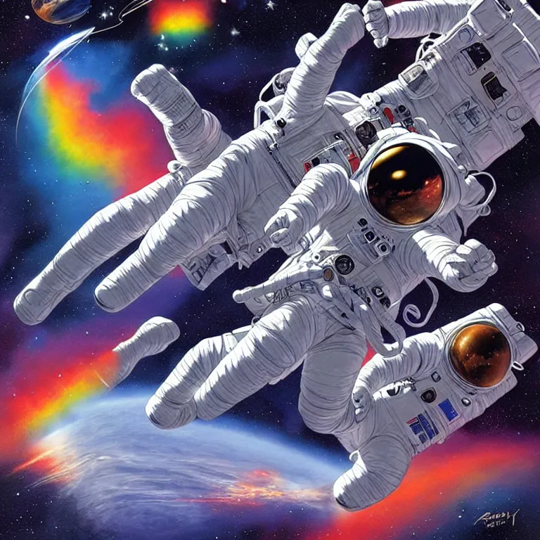 Image similar to astronaut at the rainbow bridge. paul gulacy. philip caza. artgerm.