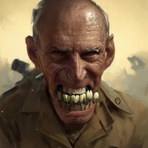 Prompt: old man portrait, ww 2 hand grenade in his teeth, greg rutkowski art