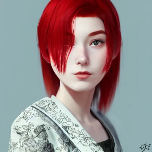 Prompt: a girl with red hair in a kimono, style of julia razumova, portrait, unreal engine, octane rendering, 8 k, closeup headshot, smooth, trending on artstation, digital illustration,.