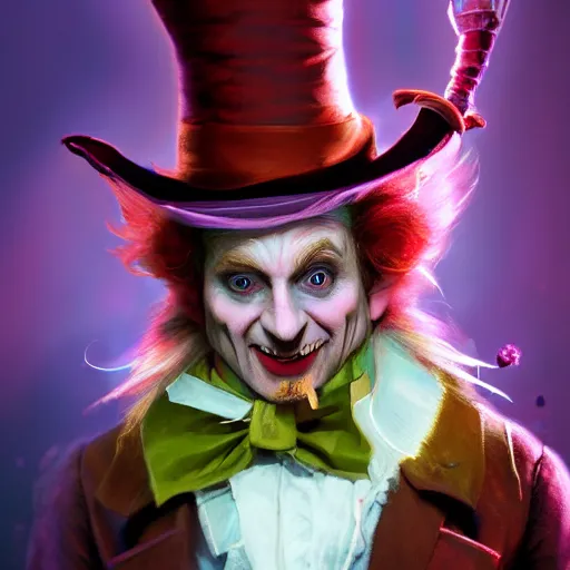 Image similar to The Mad Hatter, huggy wuggy from poppy playtime video game, fullbody, ultra high detailed, glowing lights, oil painting, Greg Rutkowski, Charlie Bowater, Beeple, unreal 5, DAZ, hyperrealistic, octane render, RPG portrait, dynamic lighting, fantasy art, beautiful face