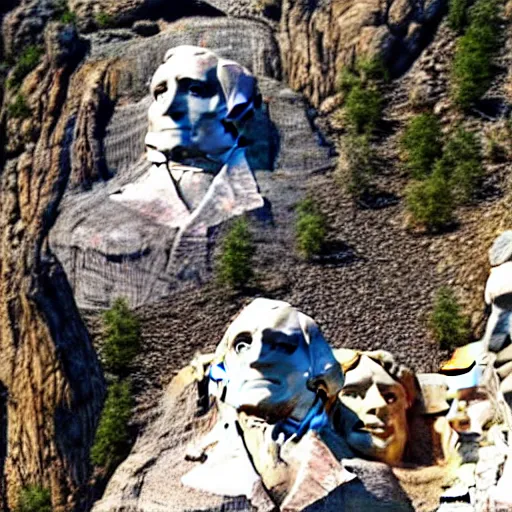 Image similar to a photo of mount rushmore after donald trump's face had been added. the photo clearly depicts the facial features of donald trump, at a slightly elevated level, depicting his particular hair style carved into the stone at the mountain top, centered, balances, regal, pensive, powerful, just