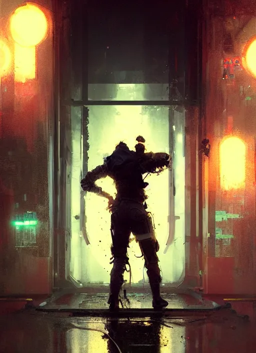 Image similar to portal, neon, rule of thirds, intricate outfit, spotlight, by greg rutkowski, by jeremy mann, digital painting