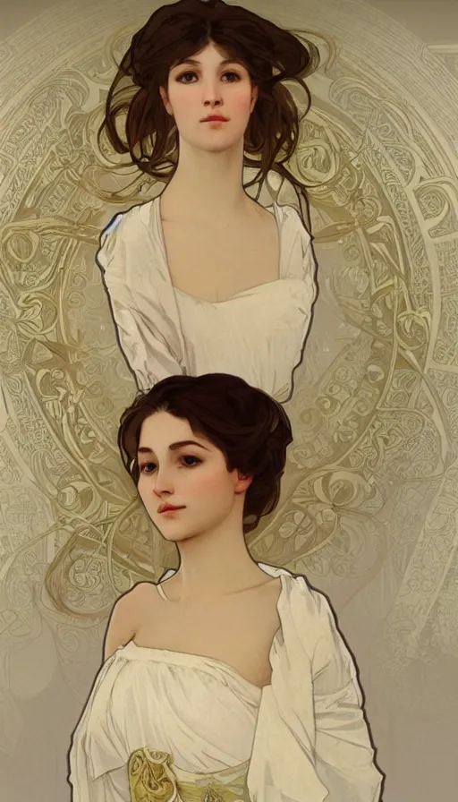 Image similar to elegant, cute girl portrait with open chest white ancient clothes by Alphonse Mucha, and Octane Render