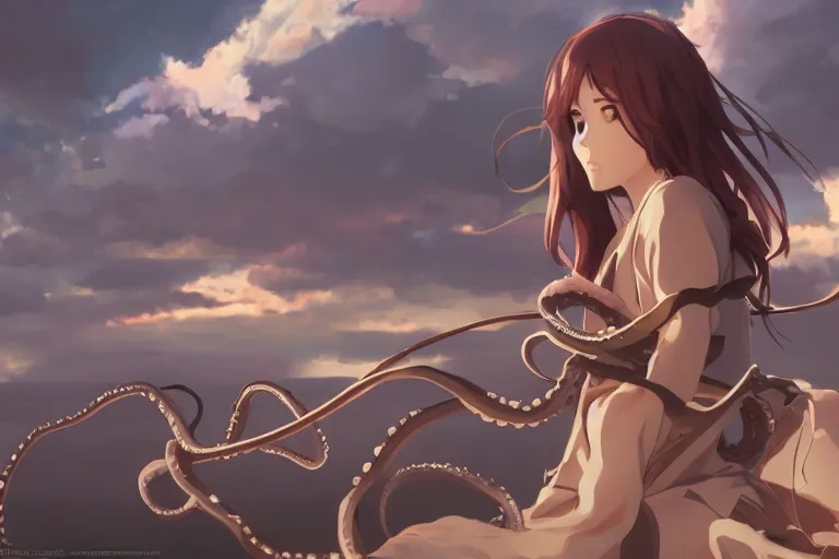 Image similar to octopus wrapped around woman, highly detailed, 4k resolution, lighting, anime scenery by Makoto shinkai