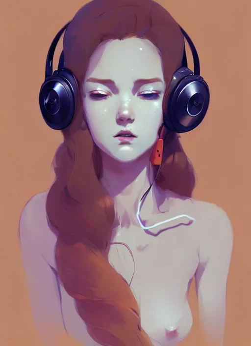 Image similar to beautiful artistic - wave highly detailed full body portrait female, with head phones, long red hair, perfect body anatomy, by atey ghailan, by greg rutkowski, by greg tocchini, by james gilleard, by joe fenton, by kaethe butcher, dynamic lighting, gradient light blue, brown, blonde cream and white color scheme, grunge aesthetic